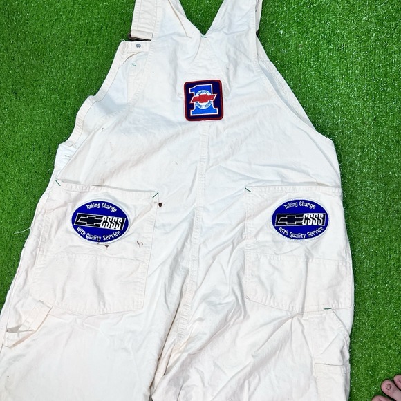 Vintage  Wrangler Bib Overalls 42 x 32 Cream 90s Chevy‎ NASCAR Daytona Patches - Picture 13 of 16